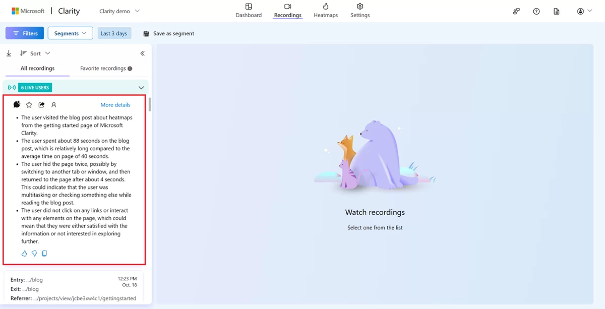 Microsoft Clarity Copilotのレコーディング要約画面