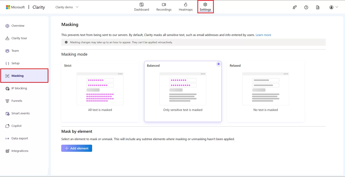 Microsoft Clarityマスキング設定画面