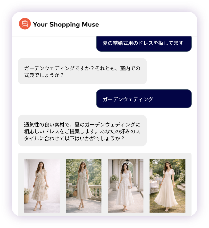 Shopping Muse利用イメージ:「夏の結婚式用のドレスを探しています」のやりとり紹介画像