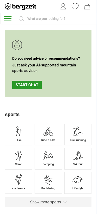 トップページに設置されたShopping Museの入り口画像。AIの登山・アウトドアアドバイザーとのチャットへ誘導している。
