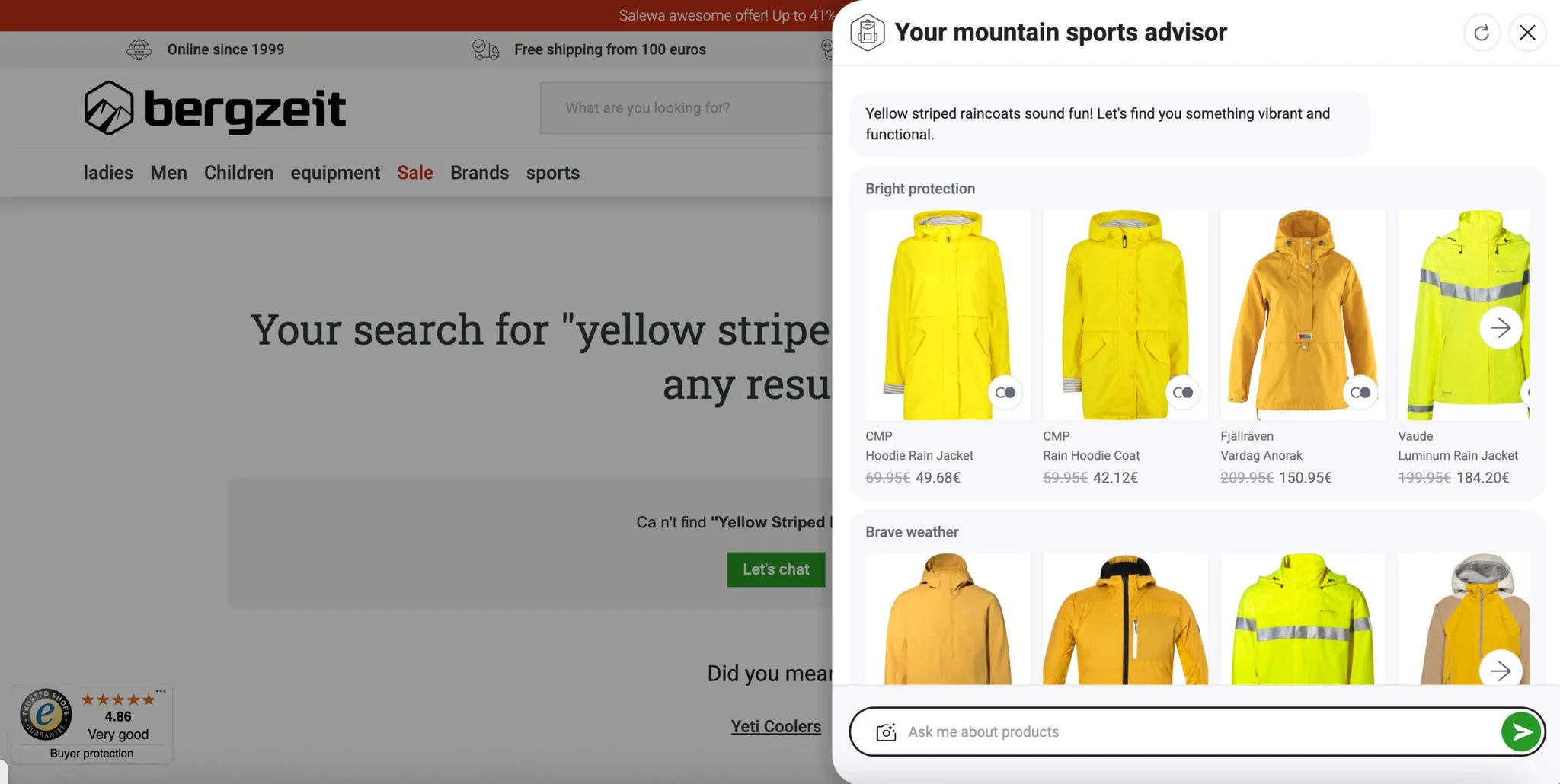 「黄色いストライプのレインコート」は通常検索では該当ゼロ件だが、Shopping Museは意図を汲み取り、鮮やかなレインジャケットを提案している画像。